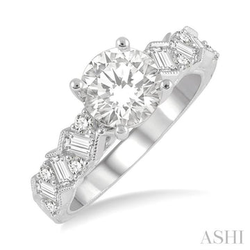 1/2 Ctw Zigzag Shank Baguette and Round Cut Diamond Semi-Mount Engagement Ring in 14K White Gold
